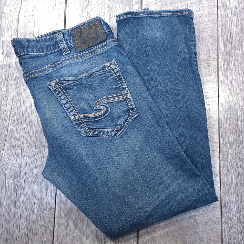 Silver Jeans Eddie Mens Size 38x34 Blue Relaxed Straight Leg Denim Whiskering